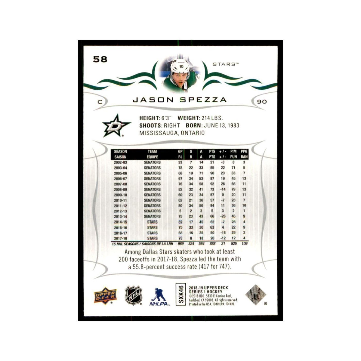 Jason Spezza 2018 Upper Deck #58 Hockey Cards Hockey Card NM