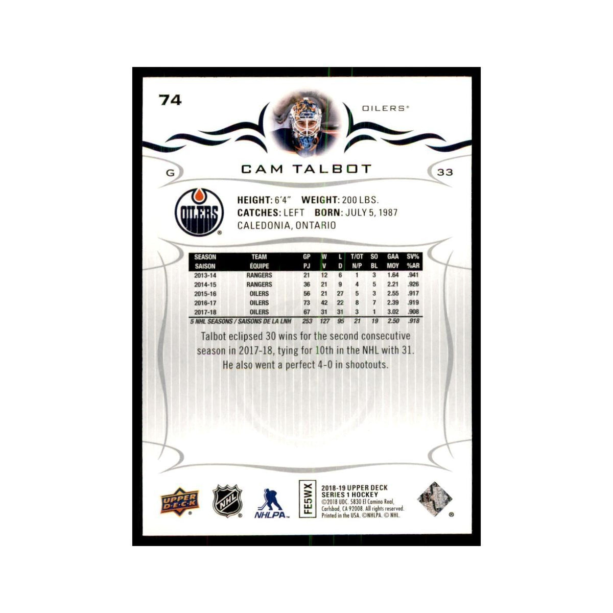 Cam Talbot 2018 Upper Deck #74 Hockey Cards Hockey Card NM
