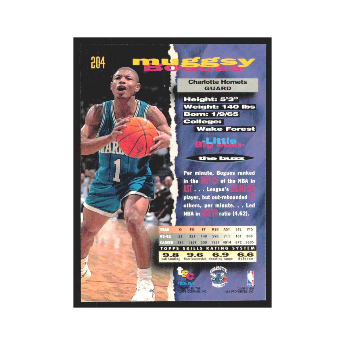 Muggsy Bogues 1993 Stadium Club #204 Charlotte Hornets Basketball Card NM