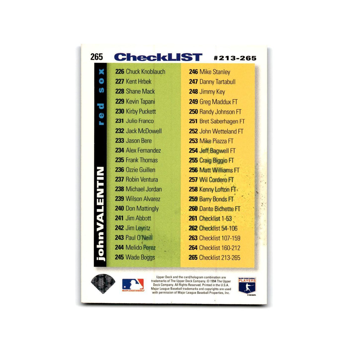 John Valentin 1995 Collector's Choice SE #265 Checklist Baseball Card NM