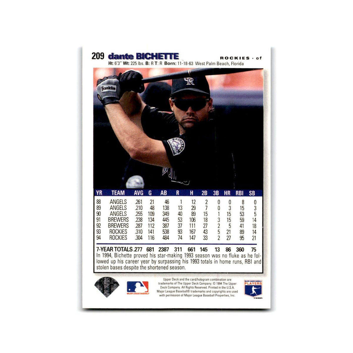 Dante Bichette 1995 Collector's Choice SE #209 Colorado Rockies Baseball Card NM