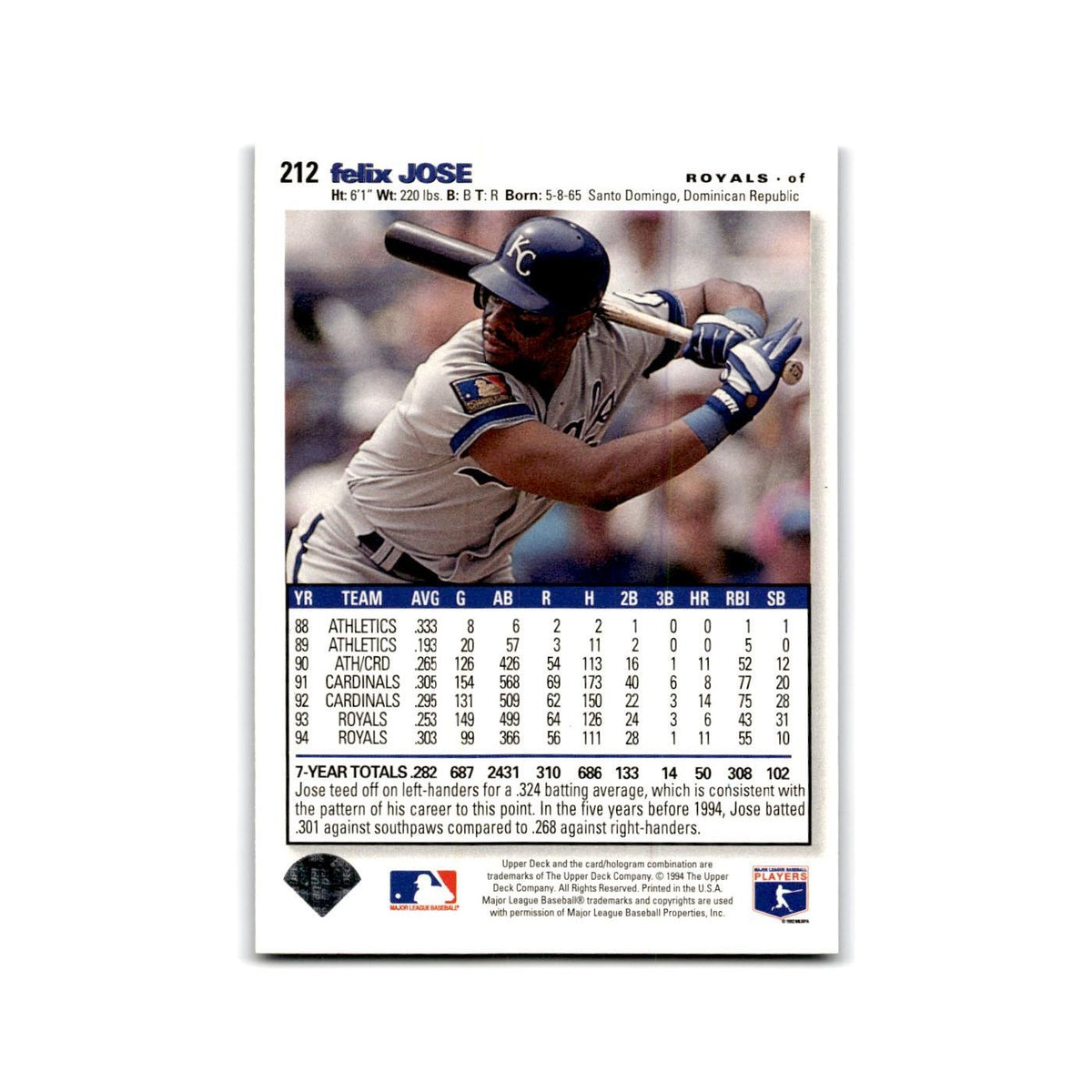 Felix Jose 1995 Collector's Choice SE #212 Kansas City Royals Baseball Card NM