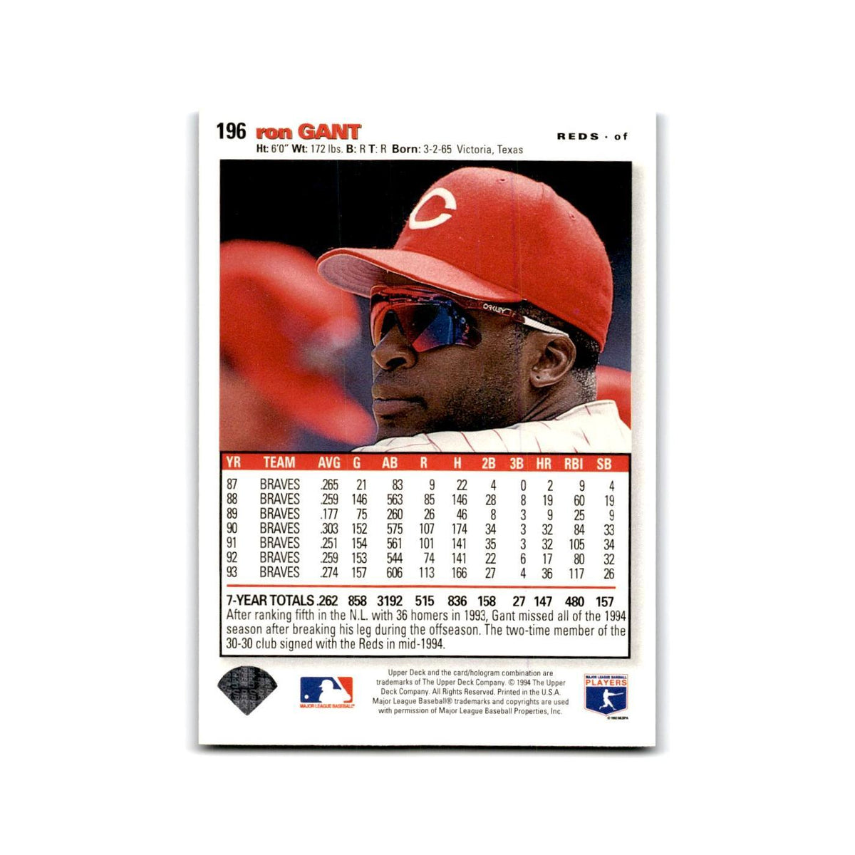 Ron Gant 1995 Collector's Choice SE #196 Cincinnati Reds Baseball Card NM