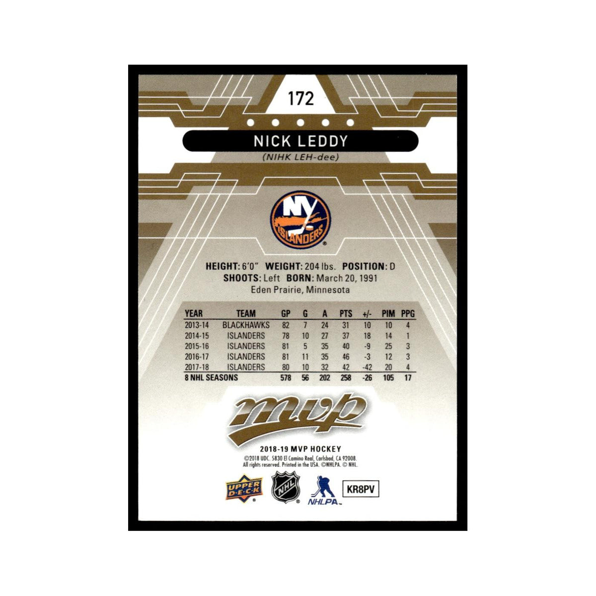 Nick Leddy 2018 Upper Deck MVP #172 New York Islanders Hockey Card NM