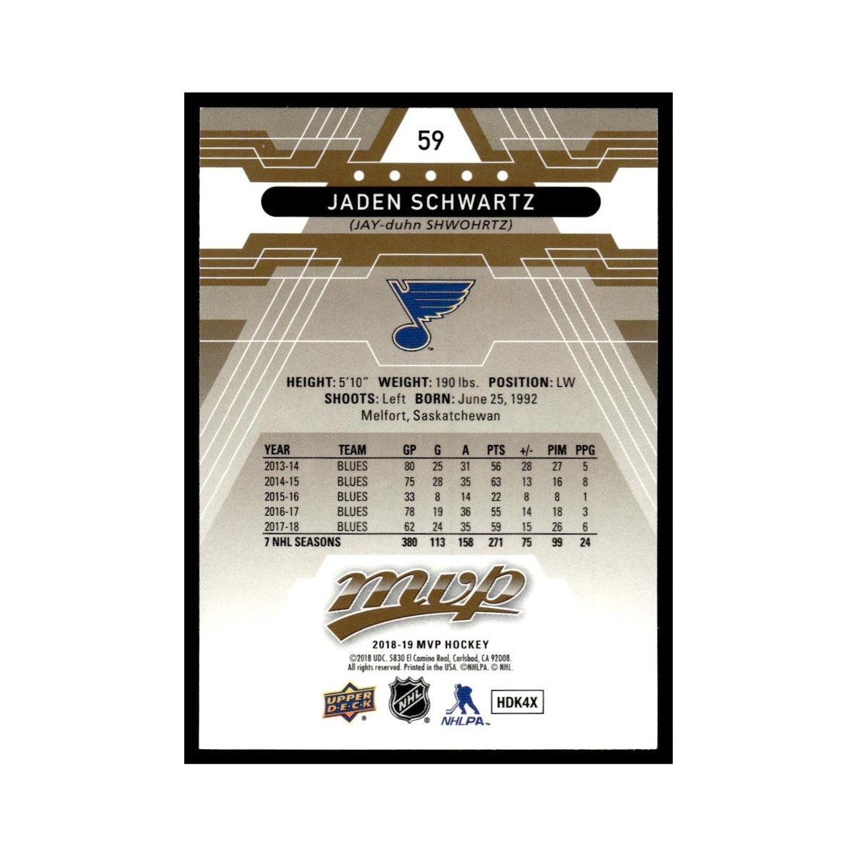 Jaden Schwartz 2018 Upper Deck MVP #59 St. Louis Blues Hockey Card NM