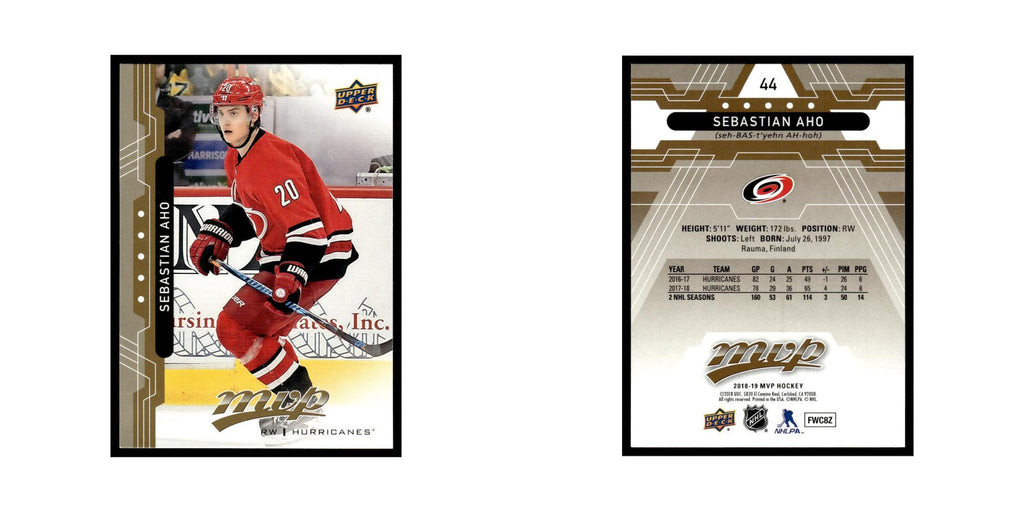 Sebastian Aho 2018 Upper Deck MVP #44 Carolina Hurricanes Hockey Card NM