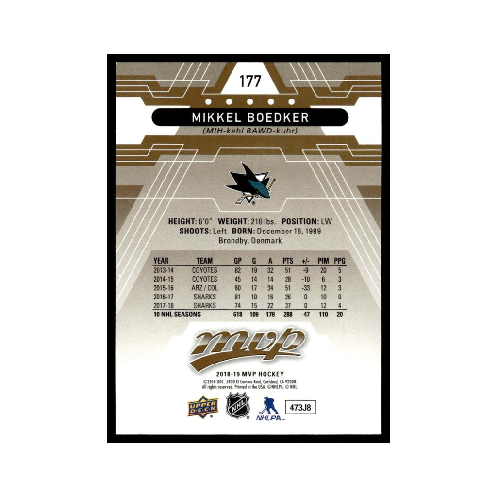 Mikkel Boedker 2018 Upper Deck MVP #177 San Jose Sharks Hockey Card NM