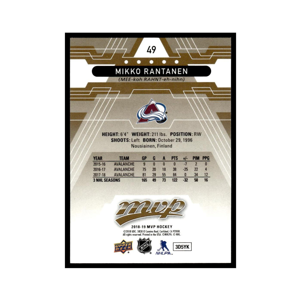 Mikko Rantanen 2018 Upper Deck MVP #49 Colorado Avalanche Hockey Card NM