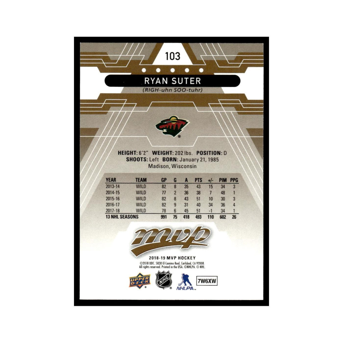 Ryan Suter 2018 Upper Deck MVP #103 Minnesota Wild Hockey Card NM
