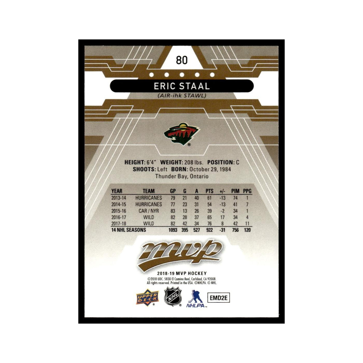 Eric Staal 2018 Upper Deck MVP #80 Minnesota Wild Hockey Card NM