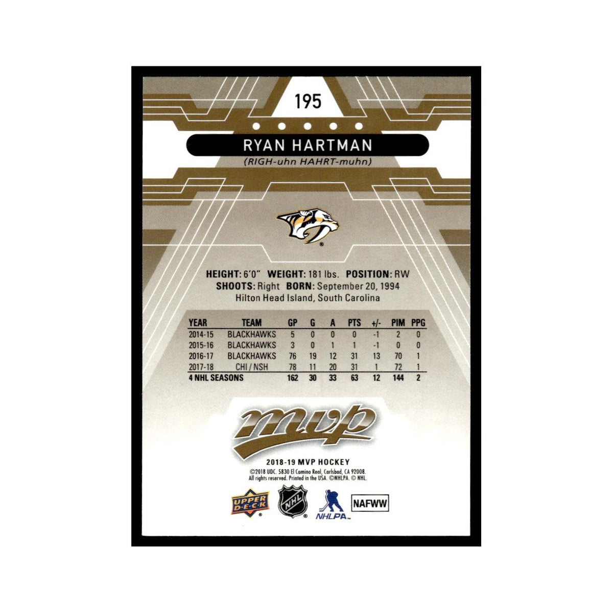 Ryan Hartman 2018 Upper Deck MVP #195 Nashville Predators Hockey Card NM