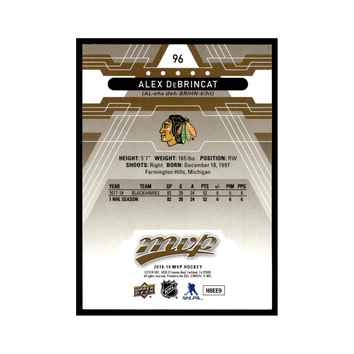 Alex DeBrincat 2018 Upper Deck MVP #96 Chicago Blackhawks Hockey Card NM