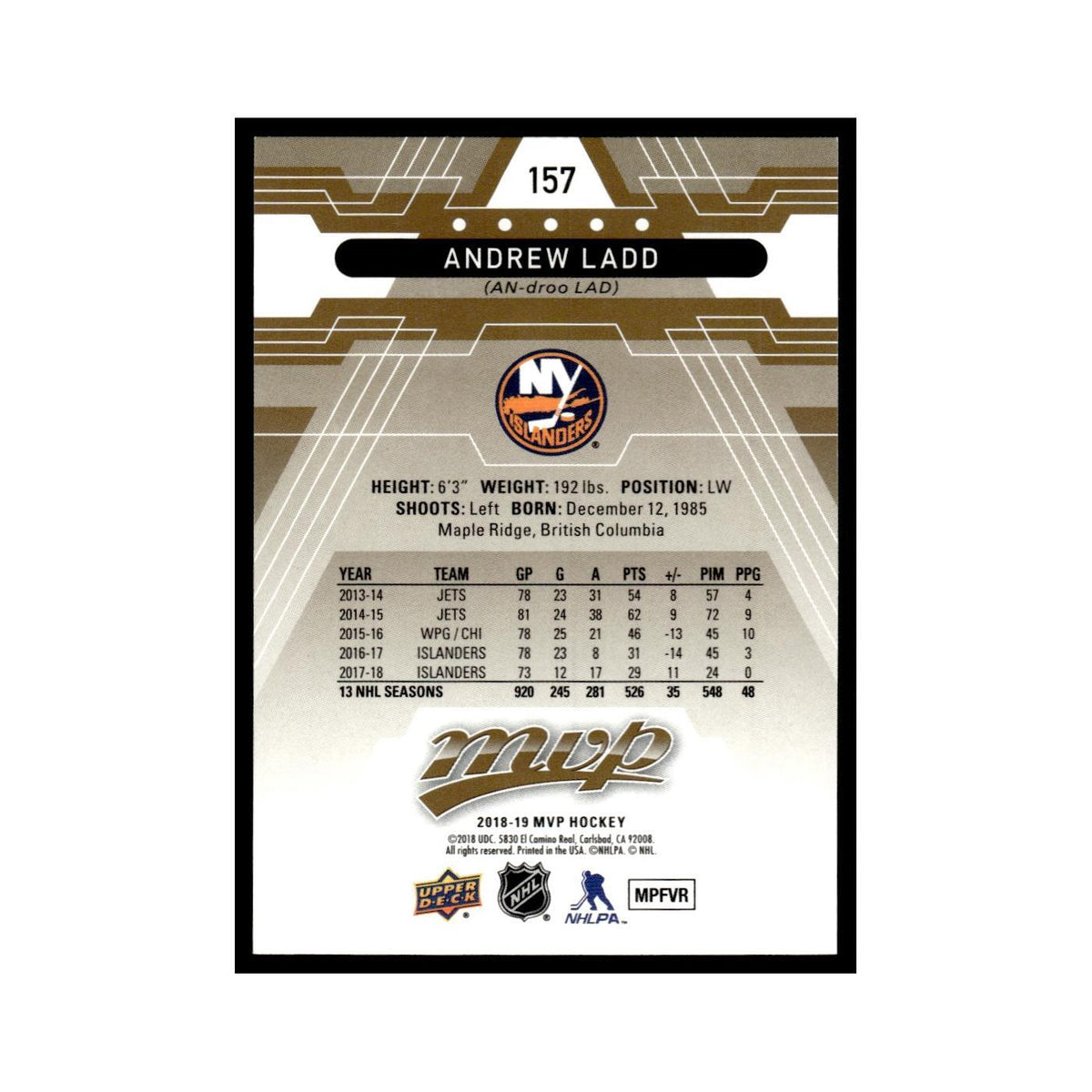 Andrew Ladd 2018 Upper Deck MVP #157 New York Islanders Hockey Card NM