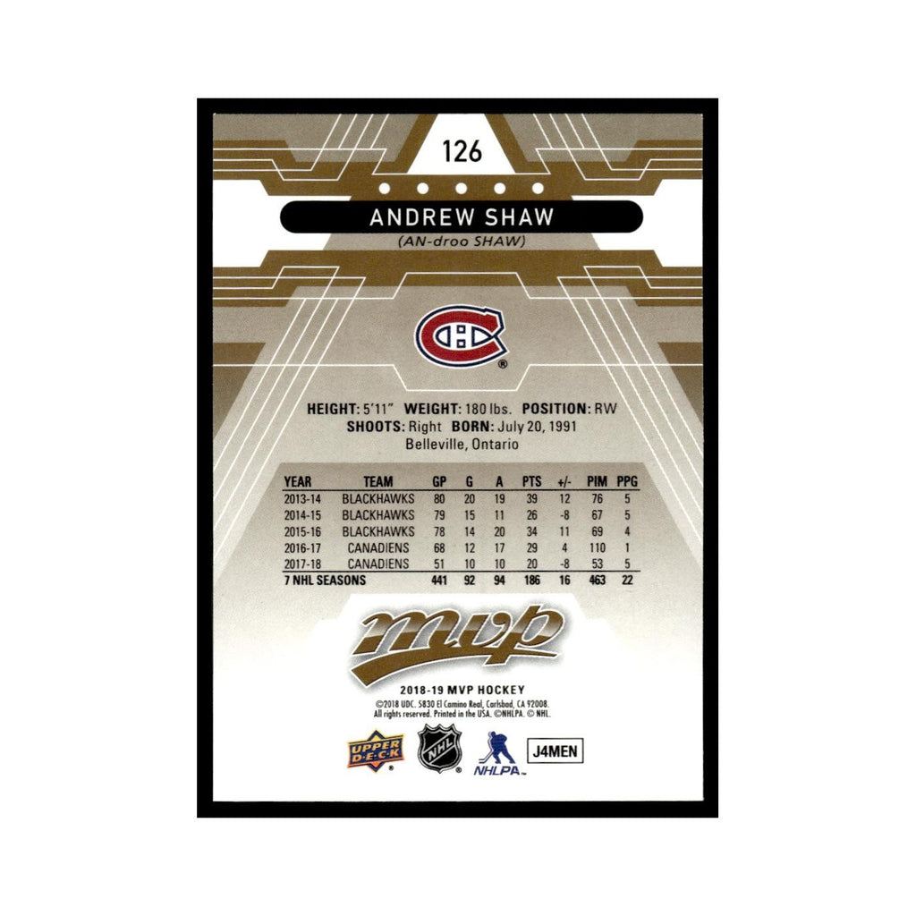 Andrew Shaw 2018 Upper Deck MVP #126 Montreal Canadiens Hockey Card NM
