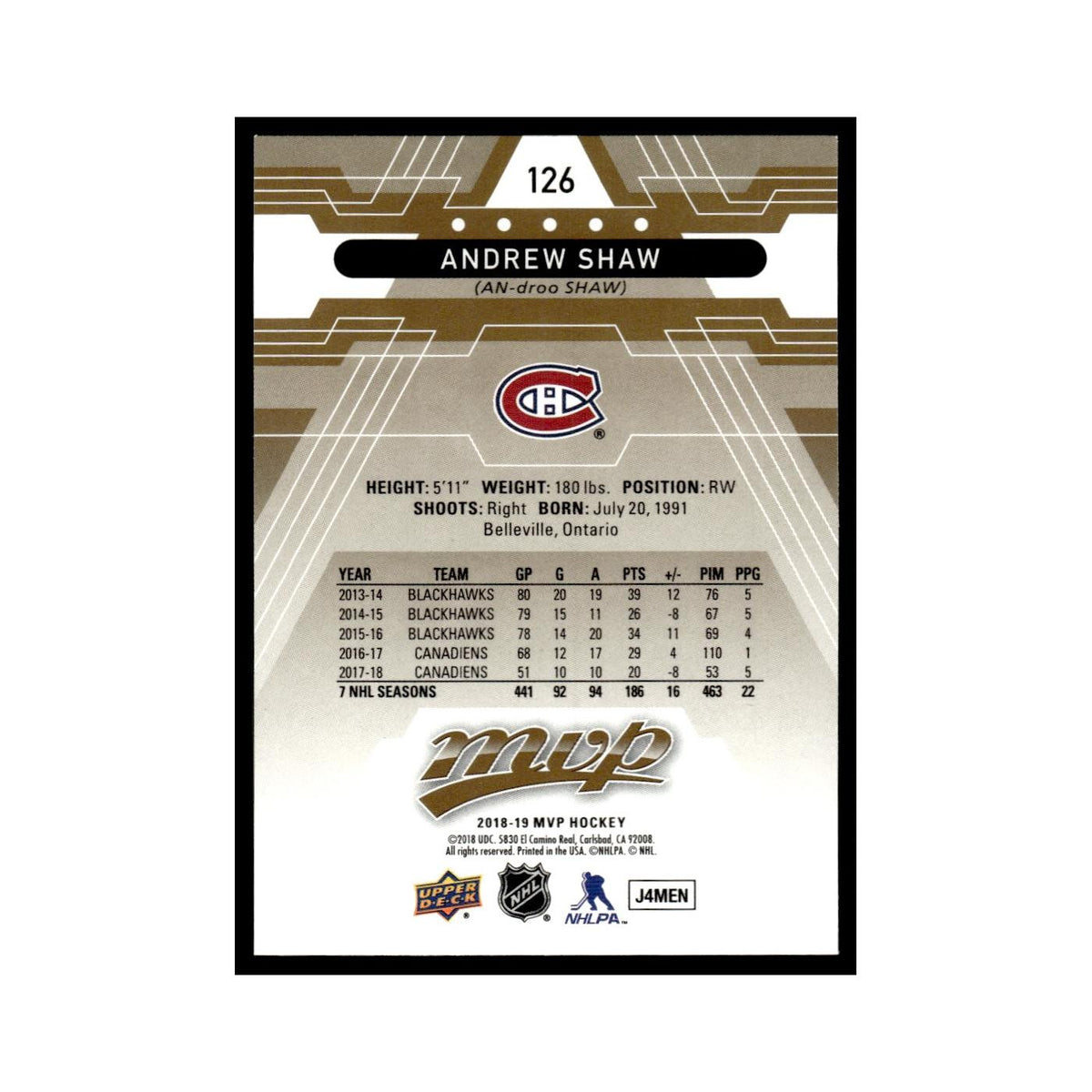 Andrew Shaw 2018 Upper Deck MVP #126 Montreal Canadiens Hockey Card NM