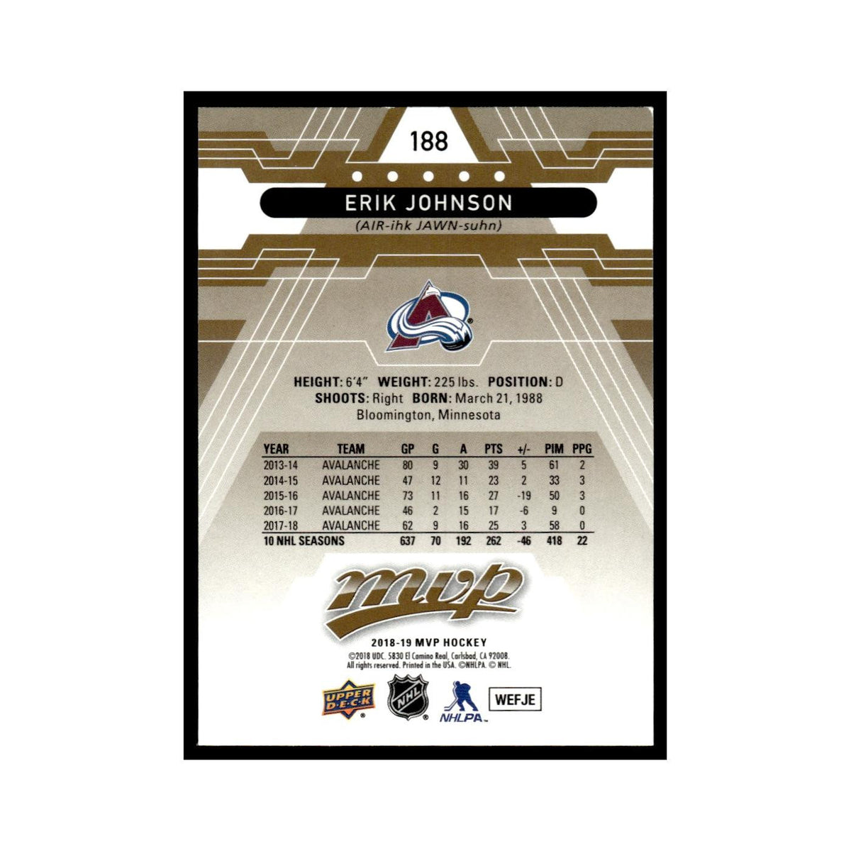 Erik Johnson 2018 Upper Deck MVP #188 Colorado Avalanche Hockey Card NM
