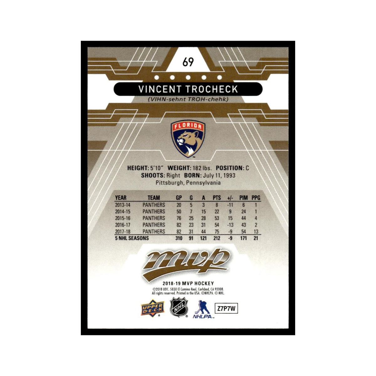 Vincent Trocheck 2018 Upper Deck MVP #69 Florida Panthers Hockey Card NM