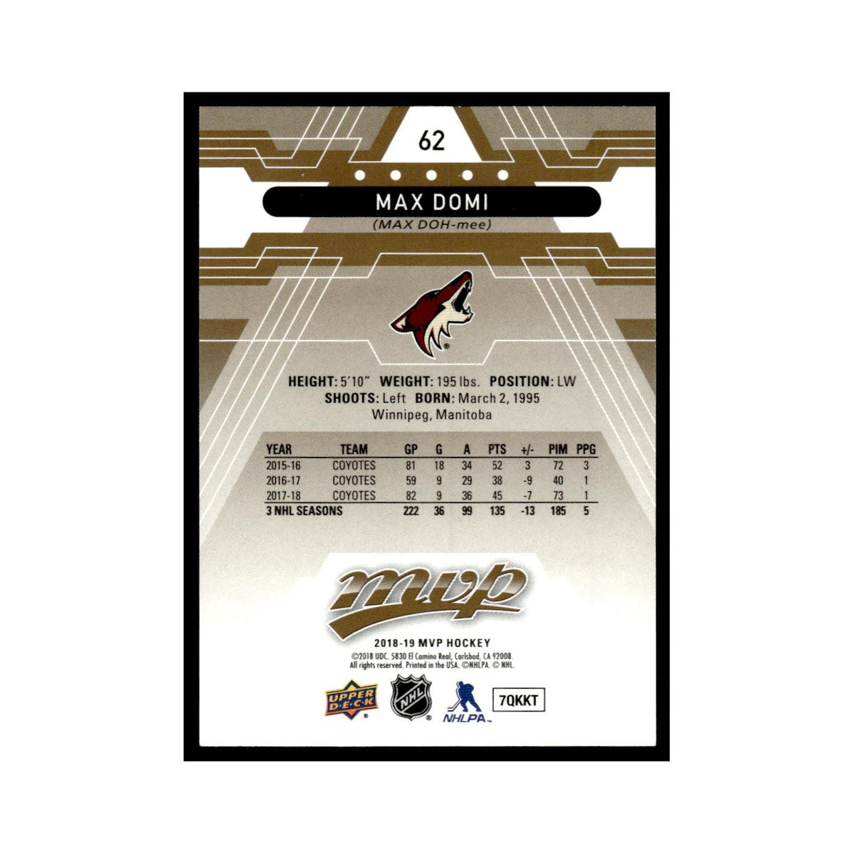Max Domi 2018 Upper Deck MVP #62 Arizona Coyotes Hockey Card NM