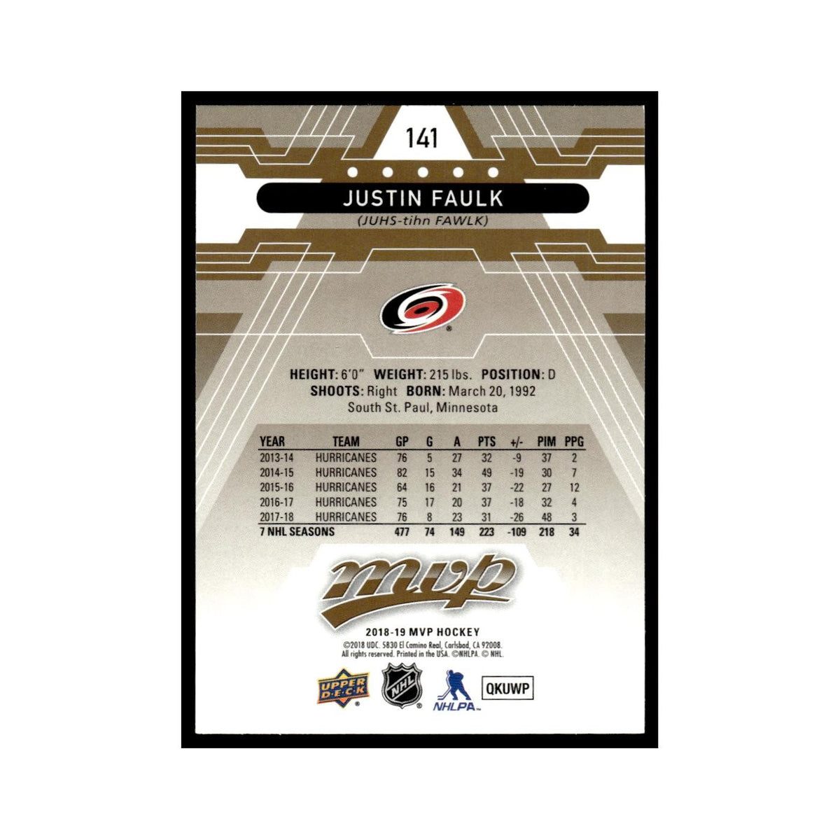 Justin Faulk 2018 Upper Deck MVP #141 Carolina Hurricanes Hockey Card NM