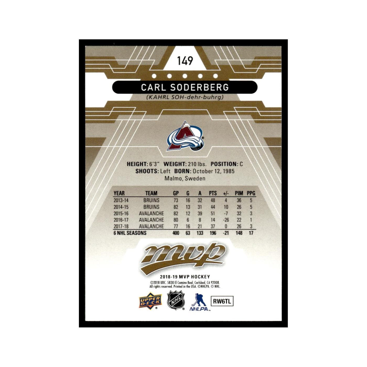 Carl Soderberg 2018 Upper Deck MVP #149 Colorado Avalanche Hockey Card NM