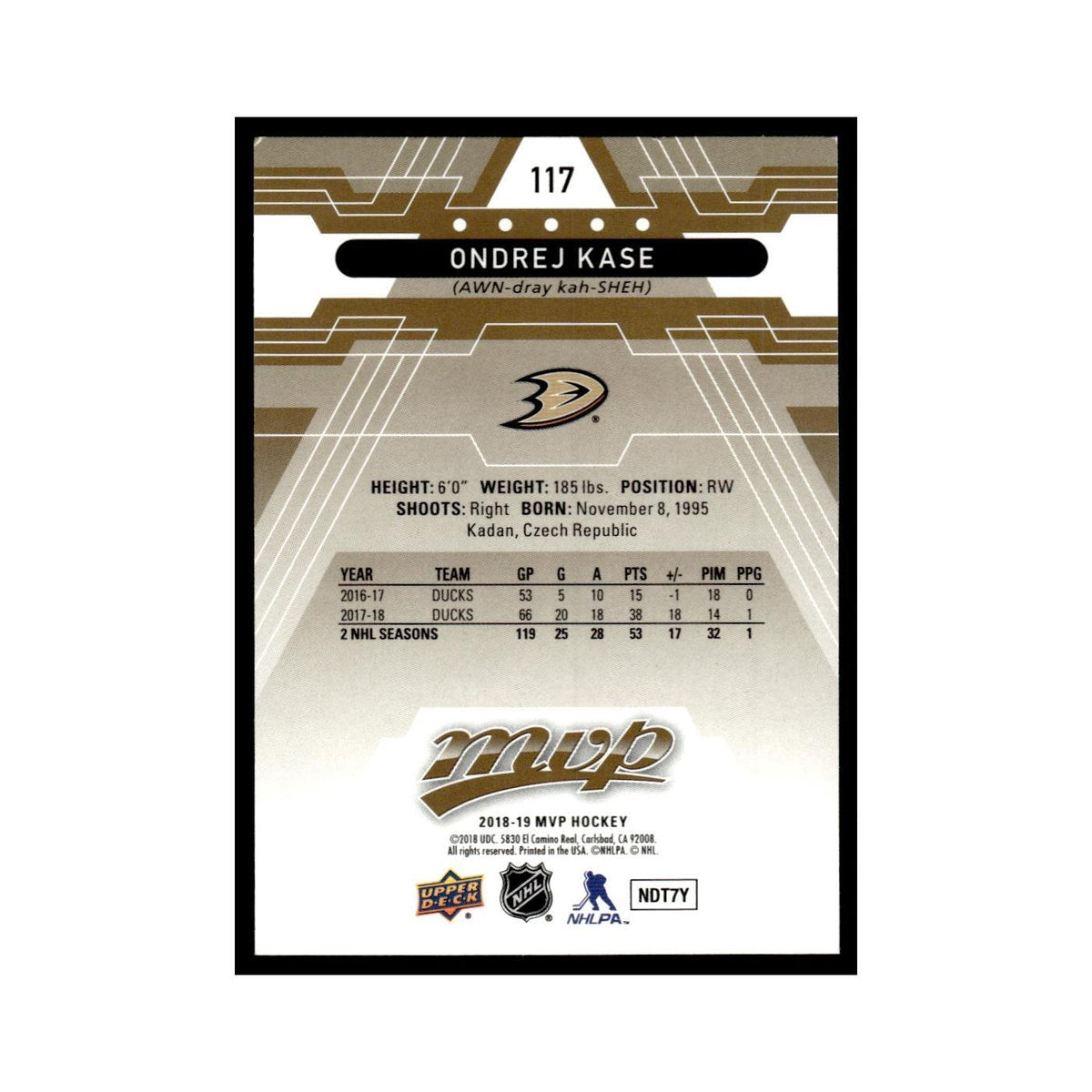Ondrej Kase 2018 Upper Deck MVP #117 Anaheim Ducks Hockey Card NM