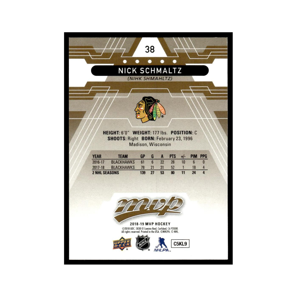Nick Schmaltz 2018 Upper Deck MVP #38 Chicago Blackhawks Hockey Card NM