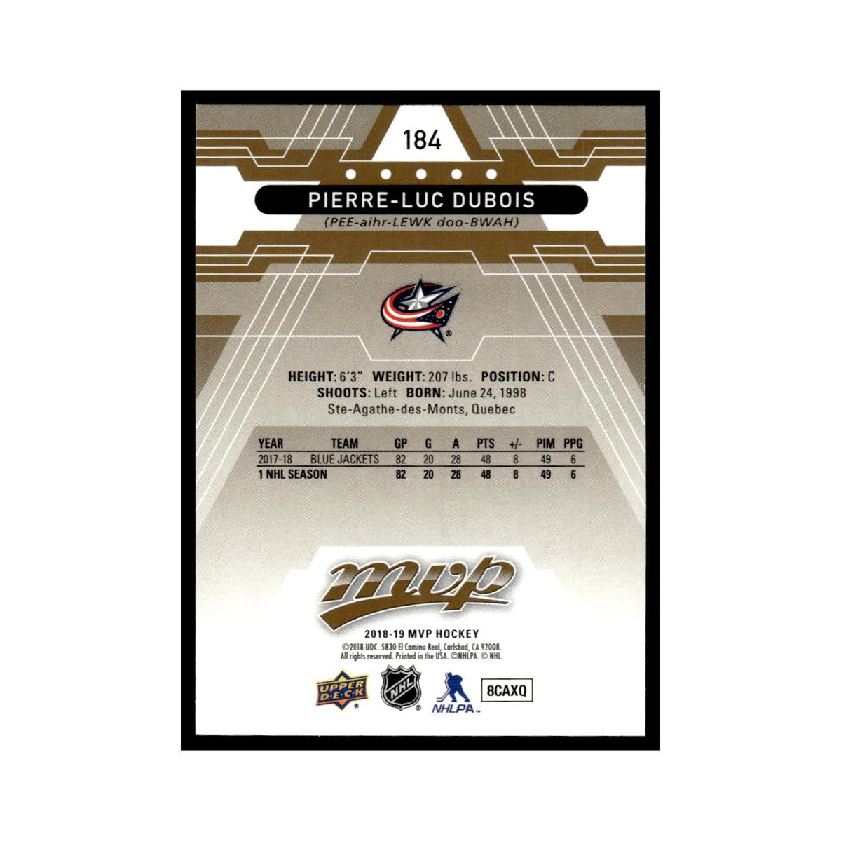 Pierre-Luc Dubois 2018 Upper Deck MVP #184 Columbus Blue Jackets Hockey Card NM