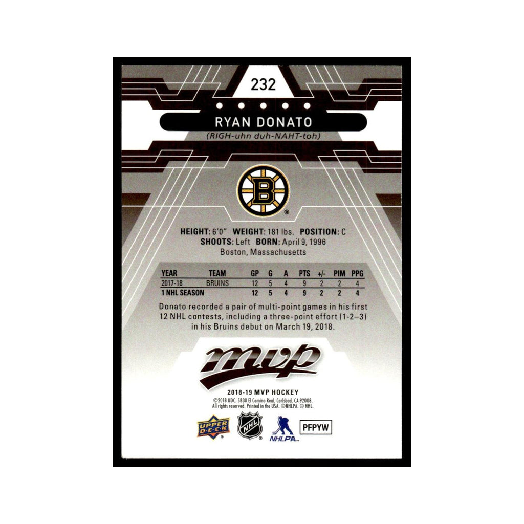 Ryan Donato Rookie 2018 Upper Deck MVP #232 Boston Bruins Hockey Card NM