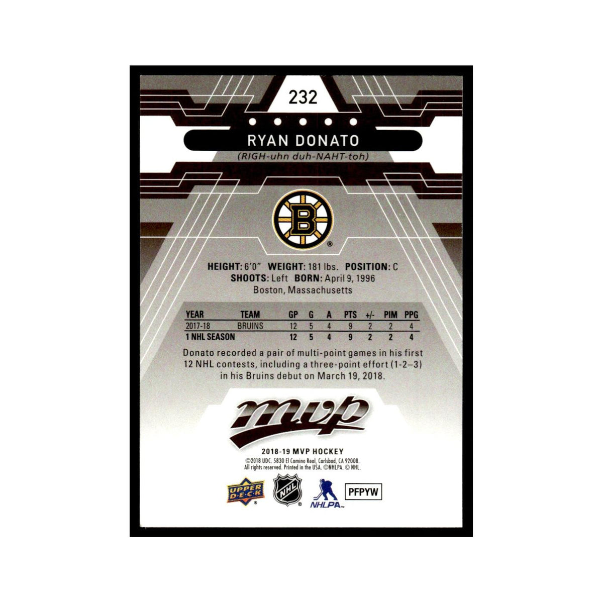 Ryan Donato Rookie 2018 Upper Deck MVP #232 Boston Bruins Hockey Card NM