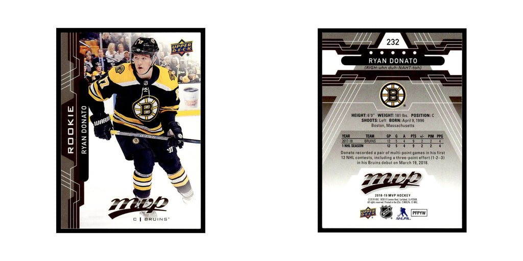 Ryan Donato Rookie 2018 Upper Deck MVP #232 Boston Bruins Hockey Card NM