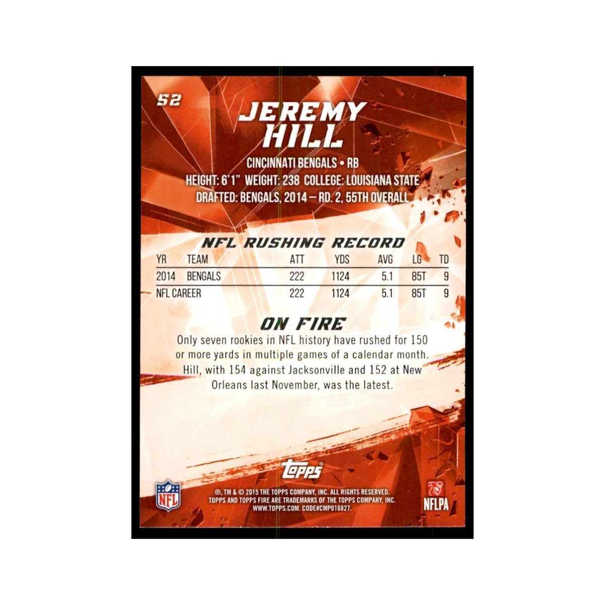 2015 Topps Fire Jeremy Hill Football Cards #52