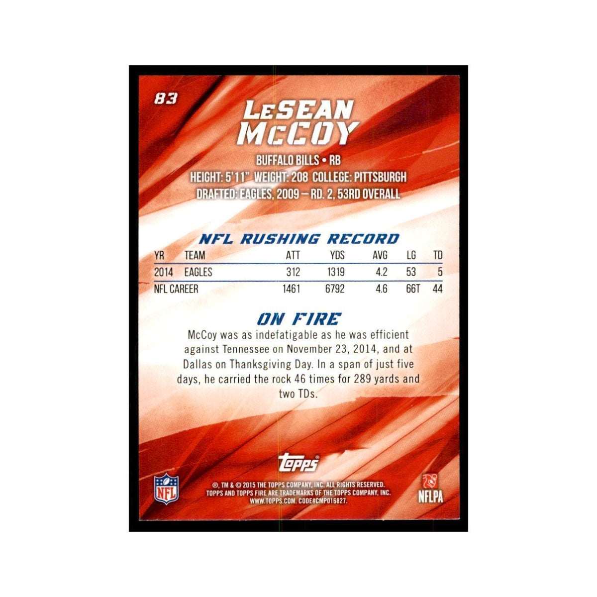 2015 Topps Fire LeSean McCoy Football Cards #83