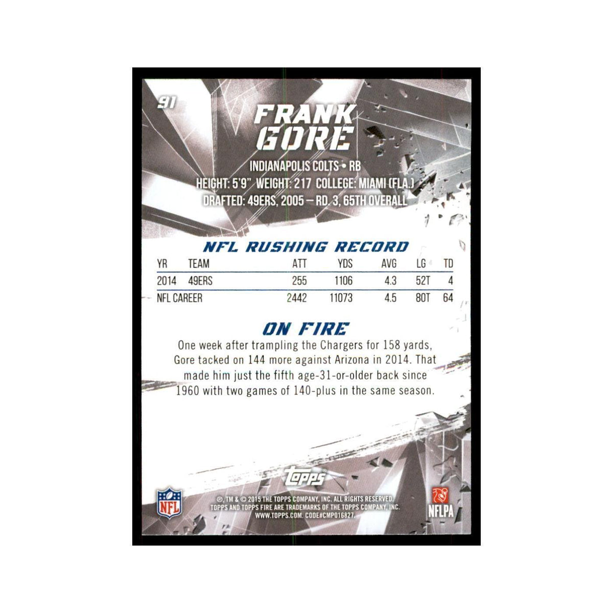 2015 Topps Fire Frank Gore Football Cards #91