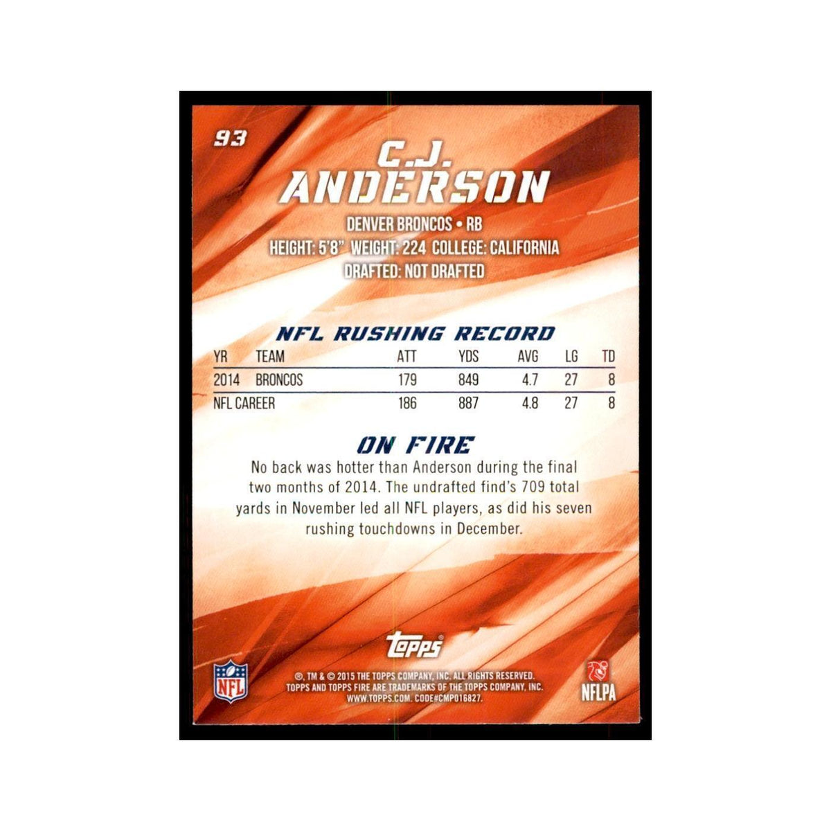 2015 Topps Fire C.J. Anderson Football Cards #93