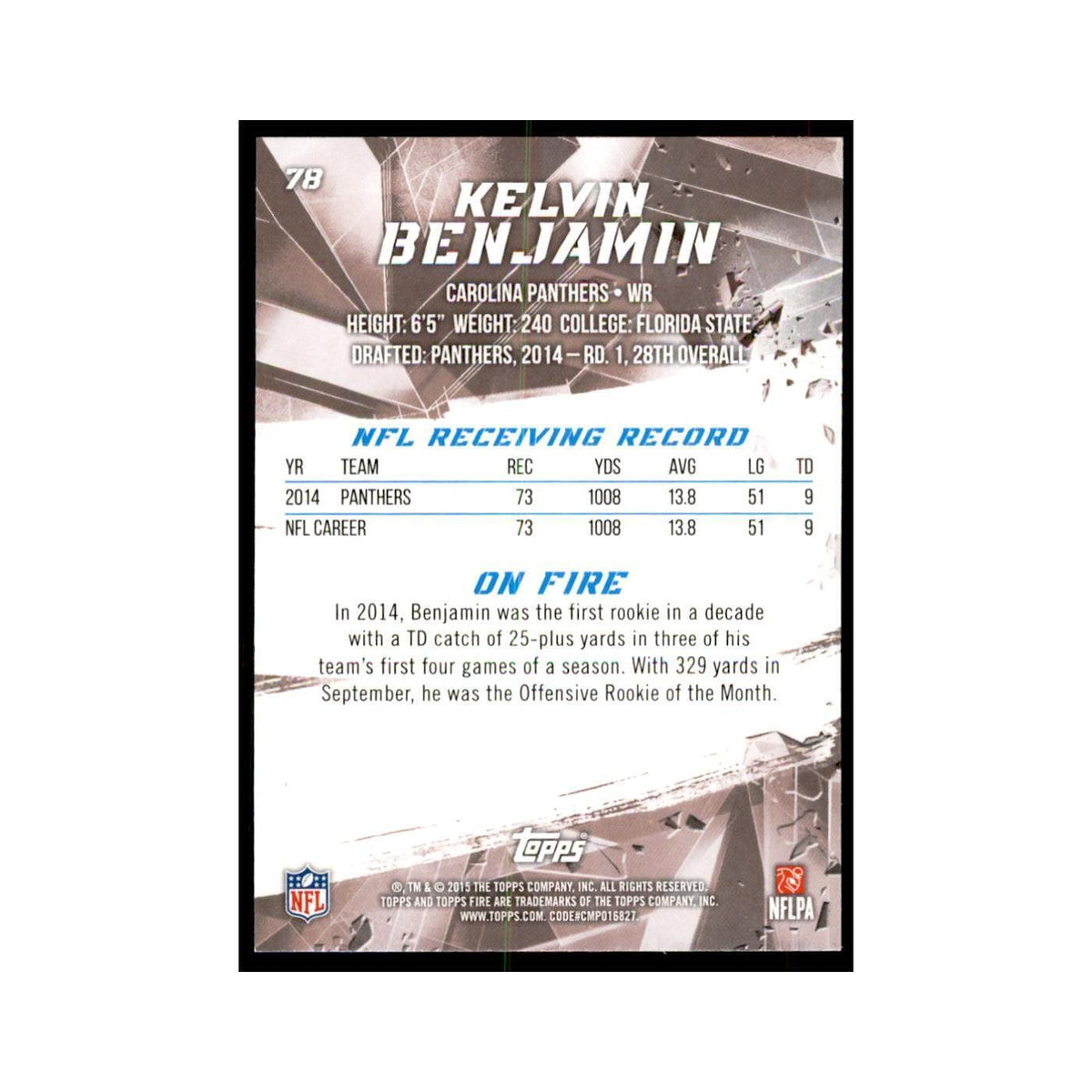 2015 Topps Fire Kelvin Benjamin Football Cards #78