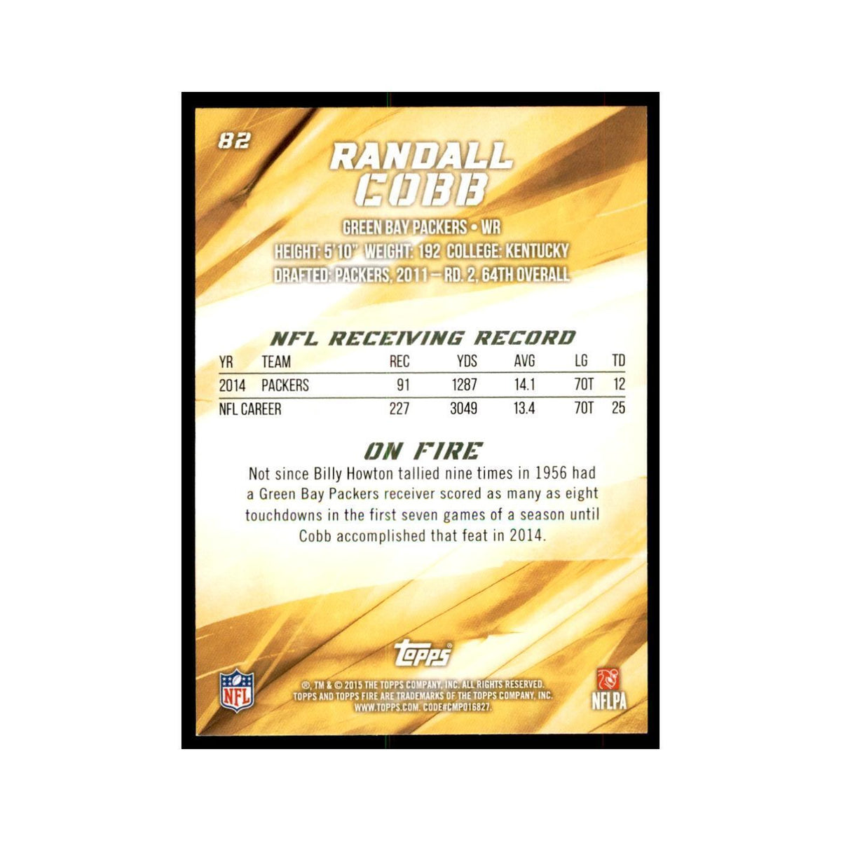 2015 Topps Fire Randall Cobb Football Cards #82
