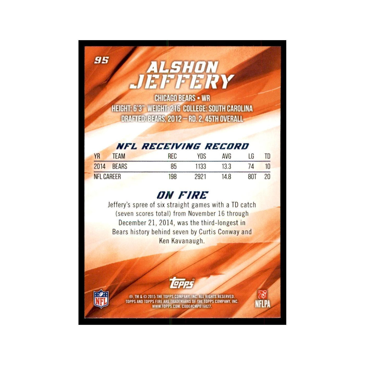 2015 Topps Fire Alshon Jeffery Football Cards #95