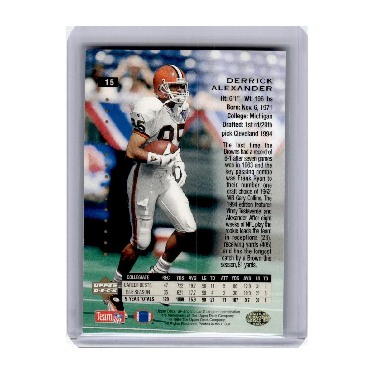 1994 SP Premier Prospects Derrick Alexander RC Browns #15