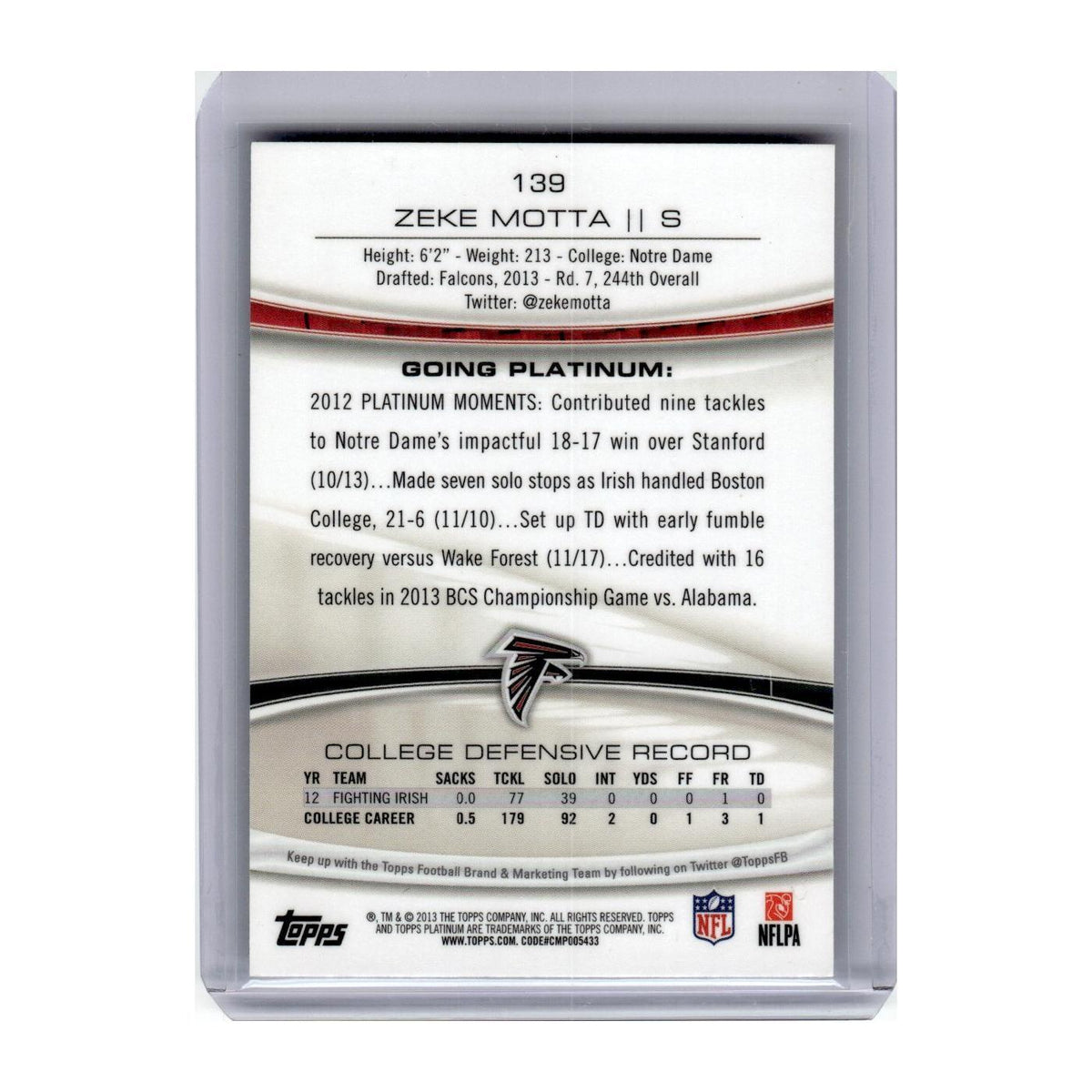 2013 Topps Platinum Zeke Motta RC Falcons #139
