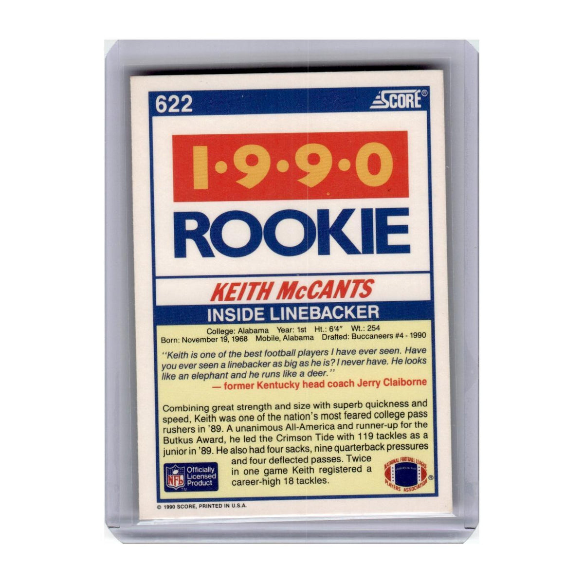 1990 Score Keith McCants RC Buccaneers #622
