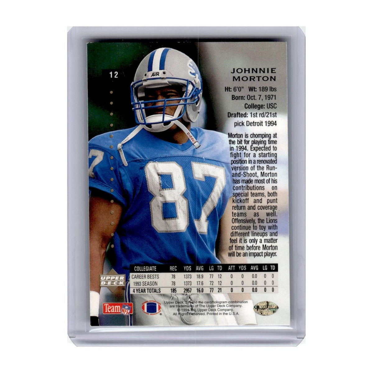 1994 SP Premier Prospects Johnnie Morton RC Lions #12