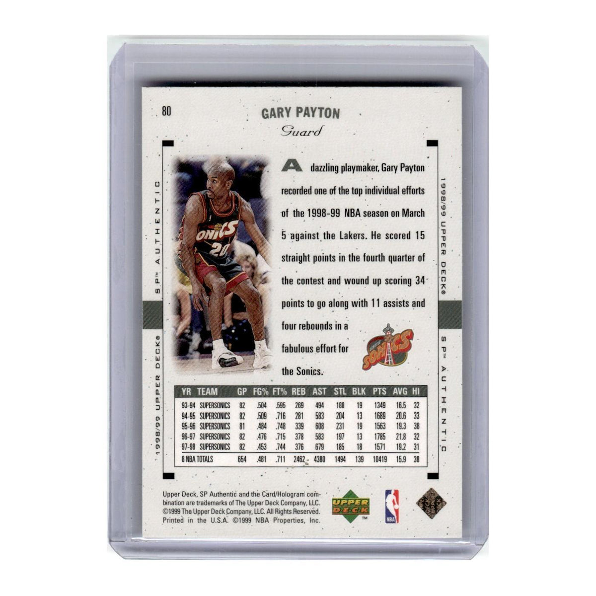 1998 SP Authentic Gary Payton Seattle SuperSonics #80