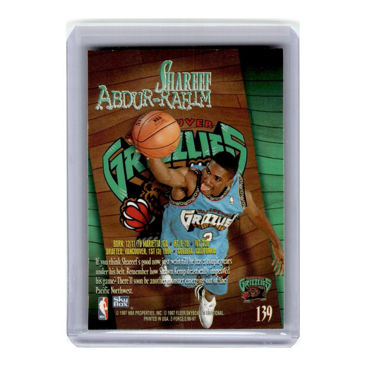 1996 SkyBox Z-Force Shareef Abdur-Rahim RC Vancouver Grizzlies #139