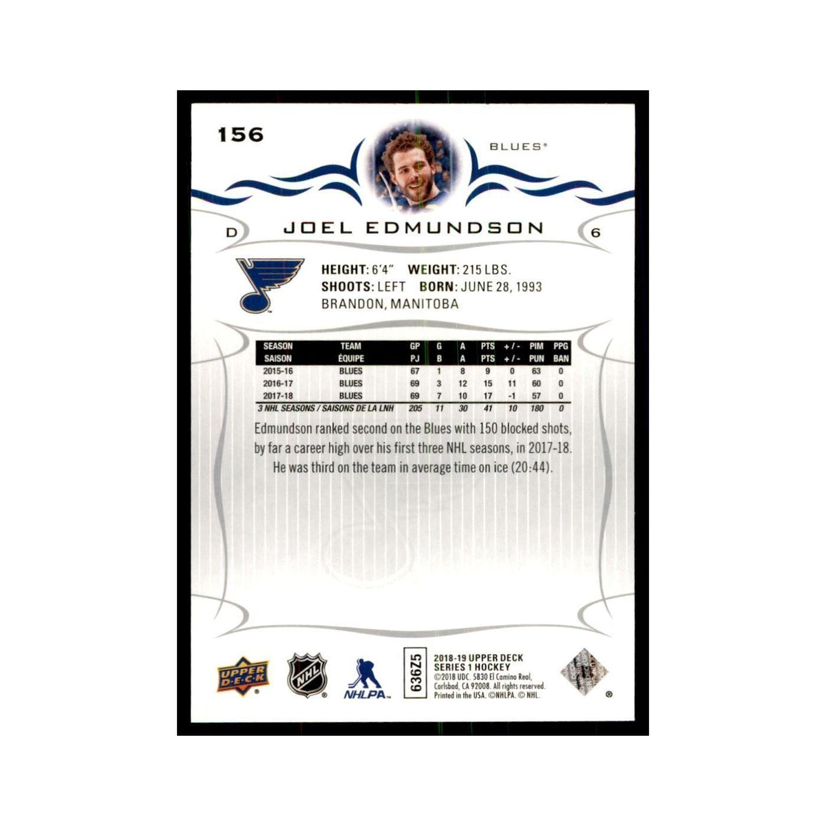 Joel Edmundson 2018 Upper Deck #156 Hockey Cards Hockey Card NM