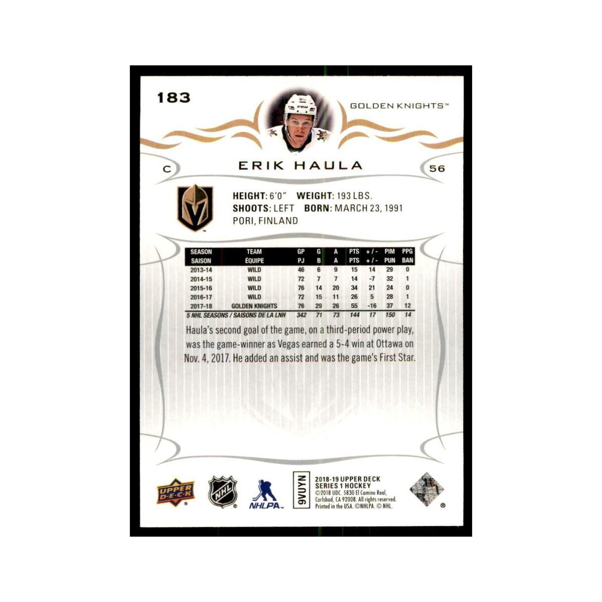 Erik Haula 2018 Upper Deck #183 Hockey Cards Hockey Card NM