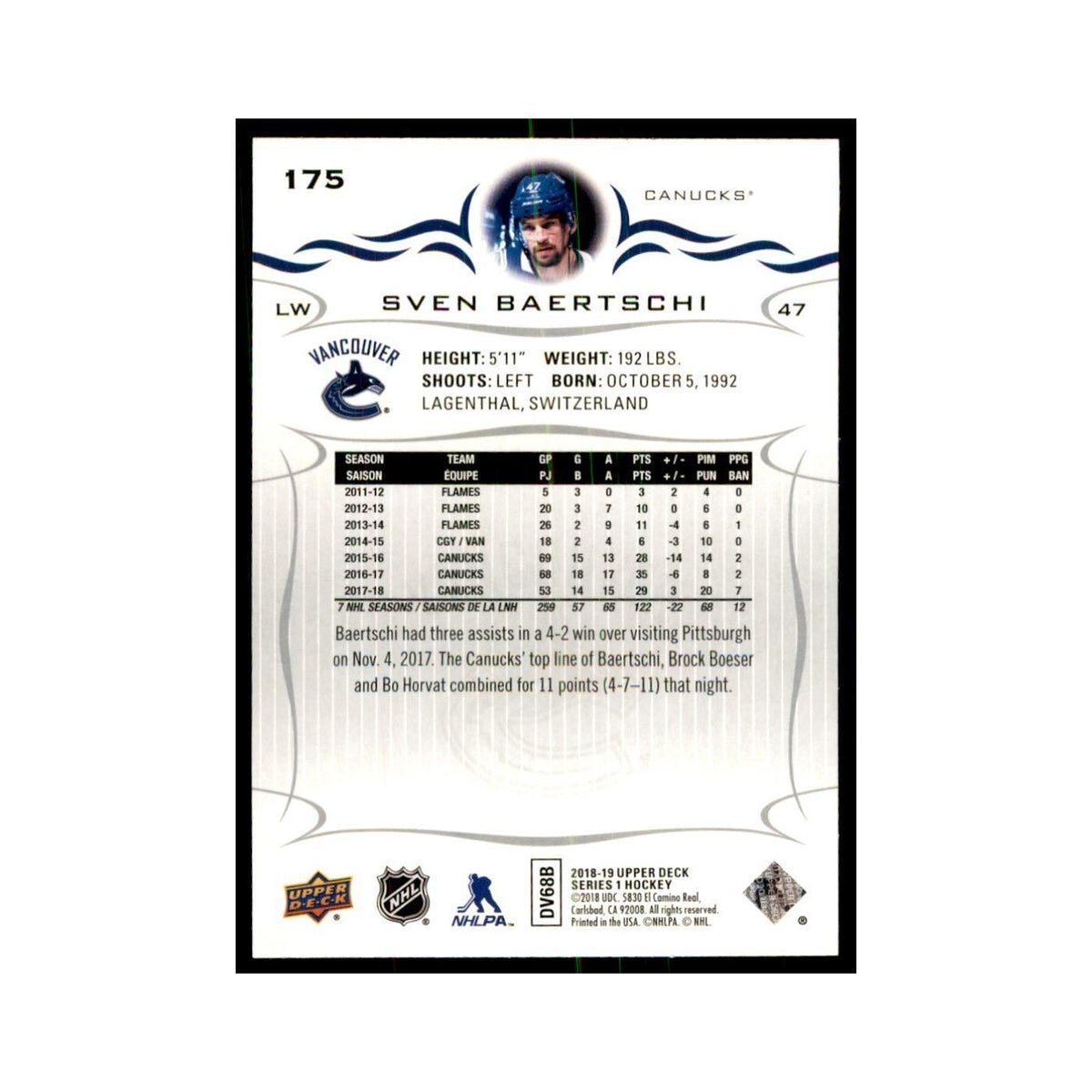 Sven Baertschi 2018 Upper Deck #175 Hockey Cards Hockey Card NM