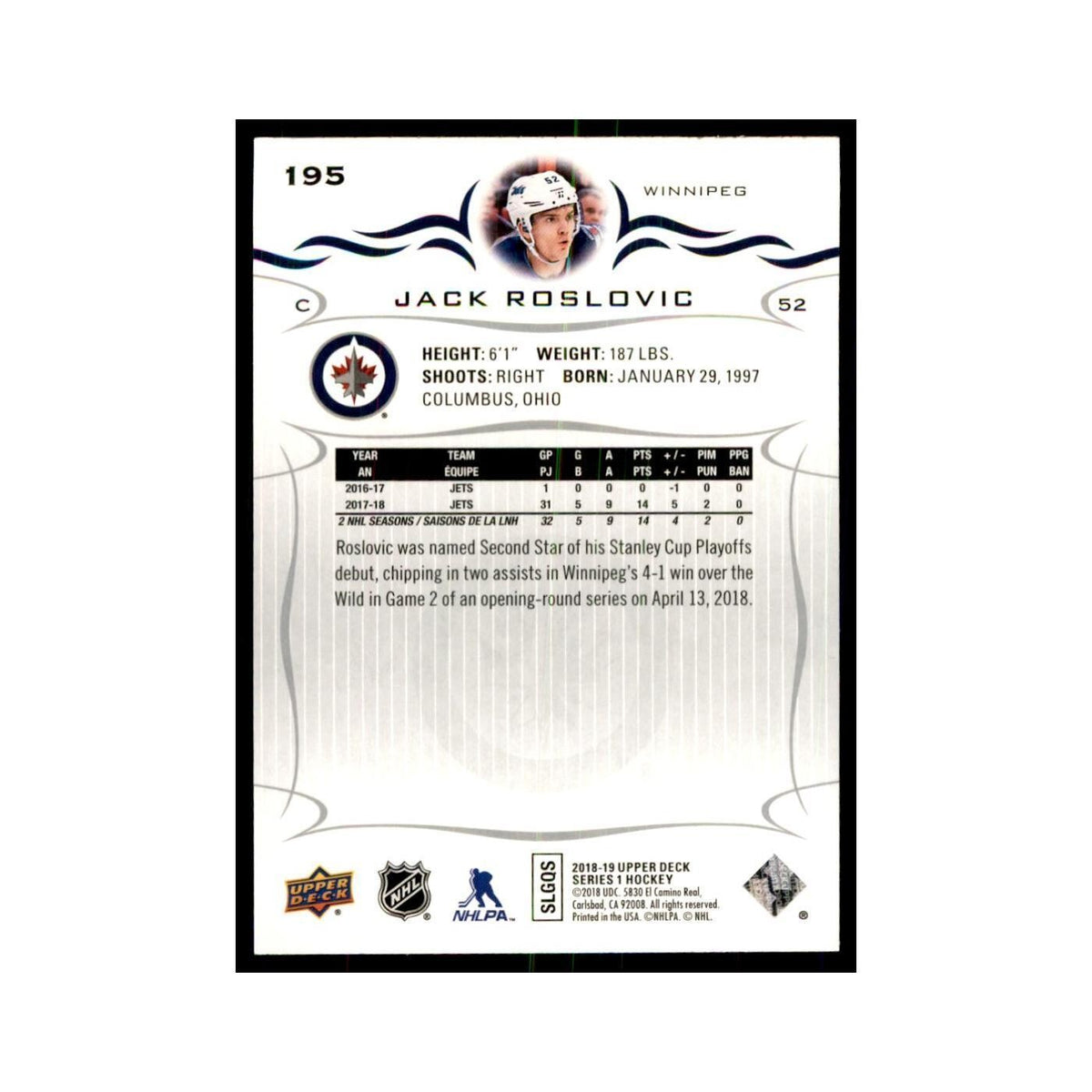 Jack Roslovic 2018 Upper Deck #195 Hockey Cards Hockey Card NM