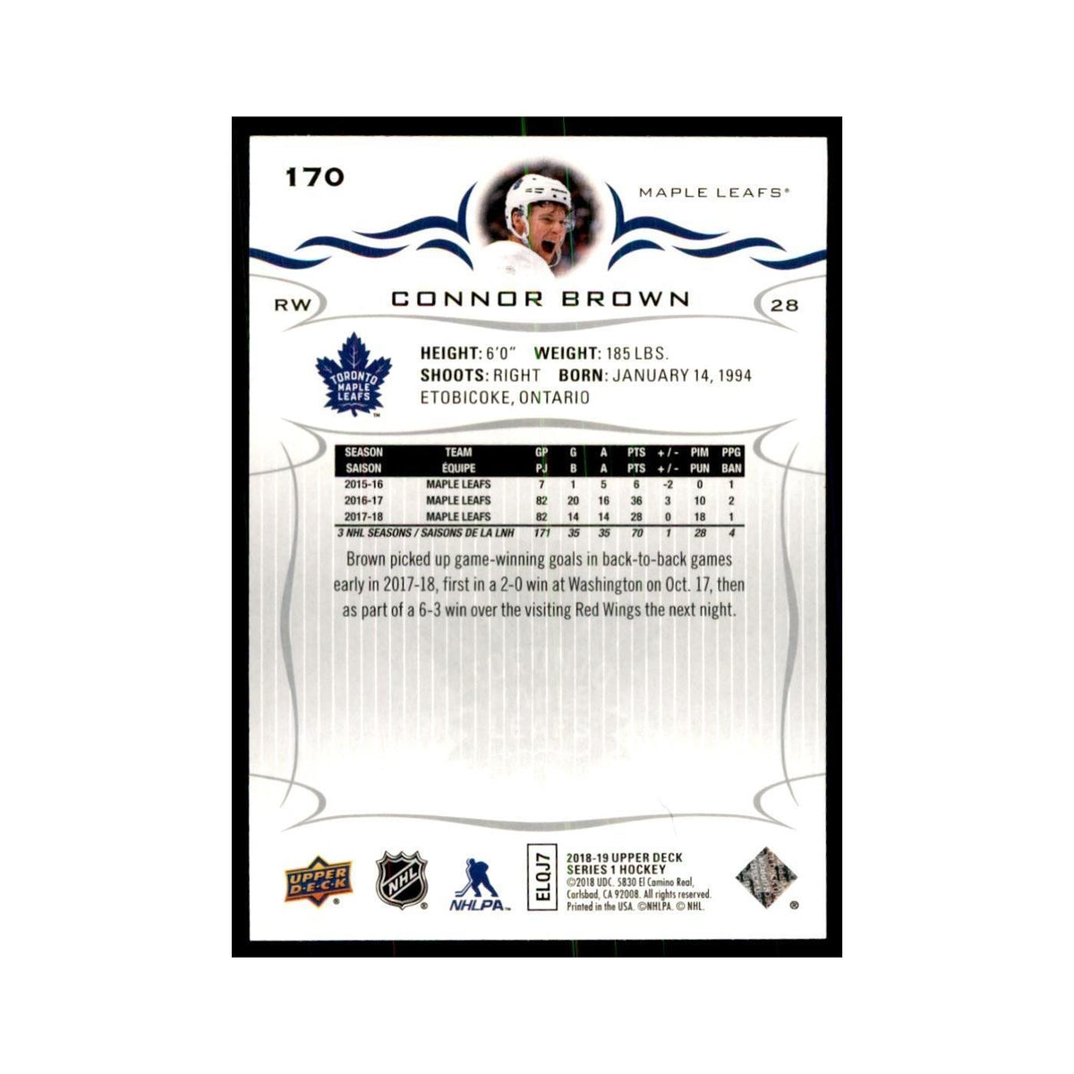 Connor Brown 2018 Upper Deck #170 Hockey Cards Hockey Card NM