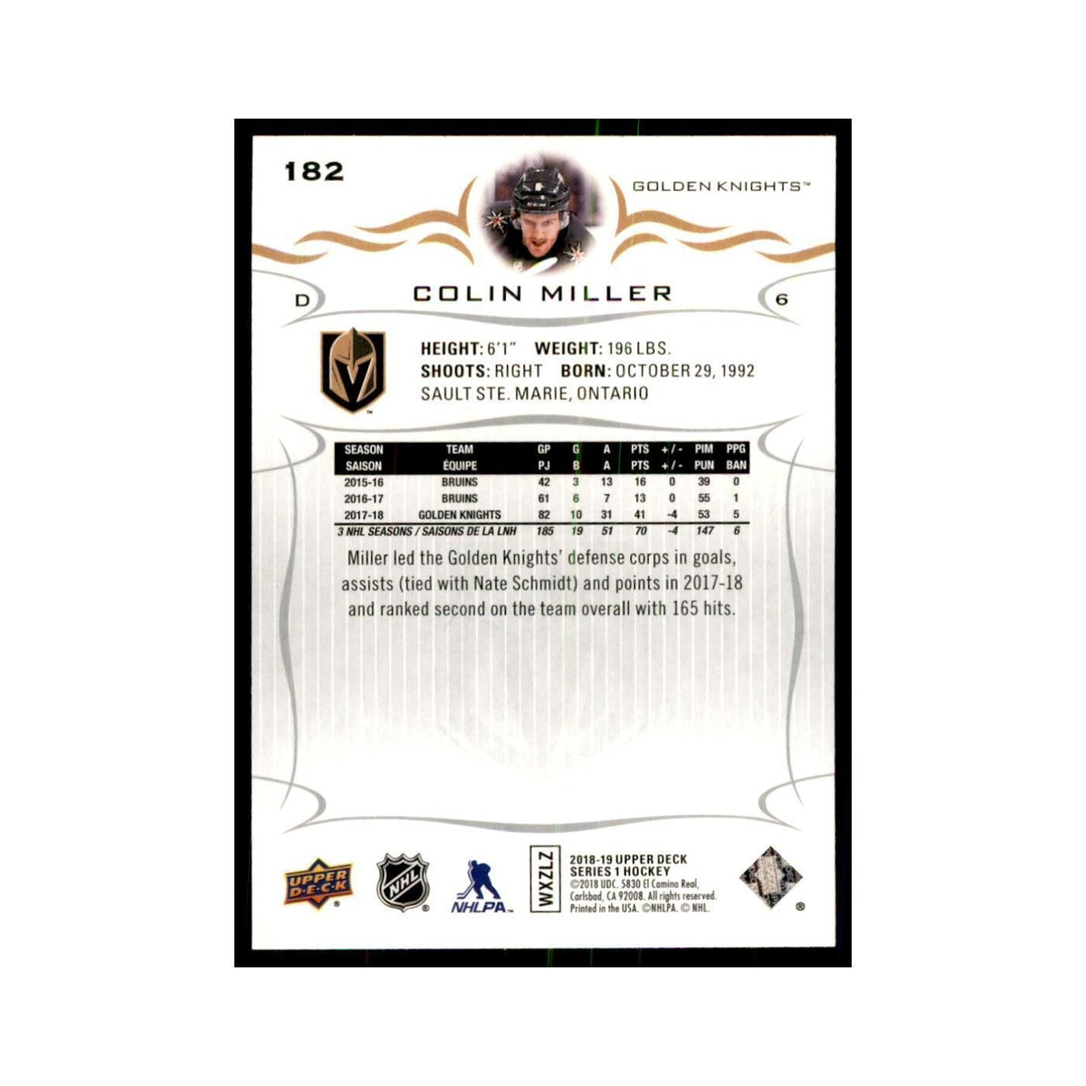 Colin Miller 2018 Upper Deck #182 Hockey Cards Hockey Card NM