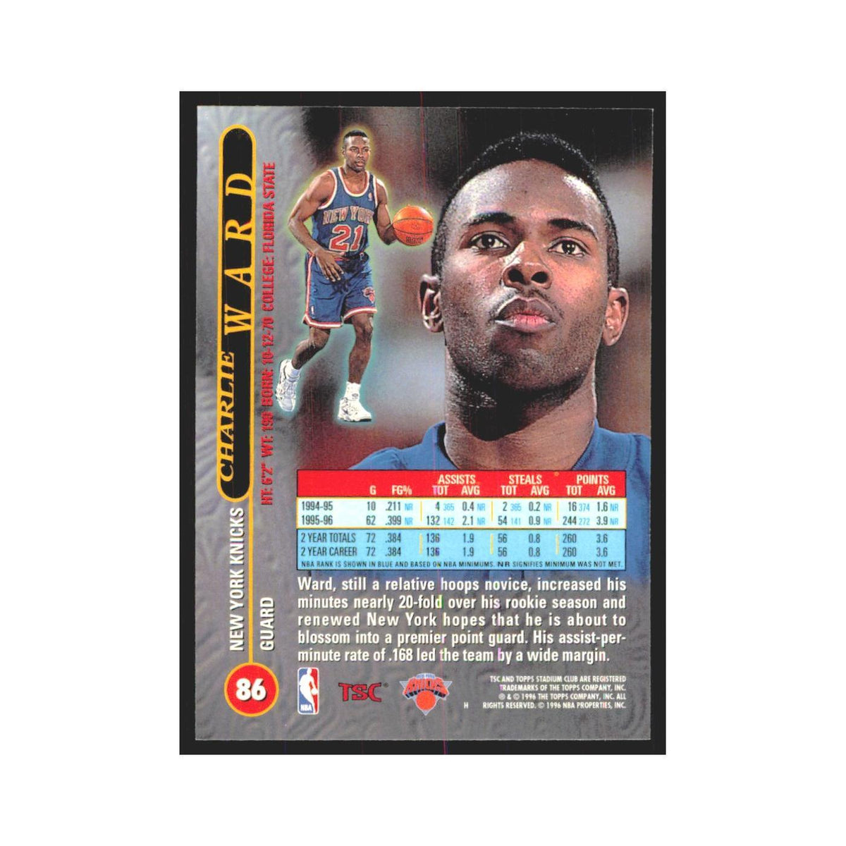 Charlie Ward 1996 Stadium Club #86 New York Knicks Basketball Card NM